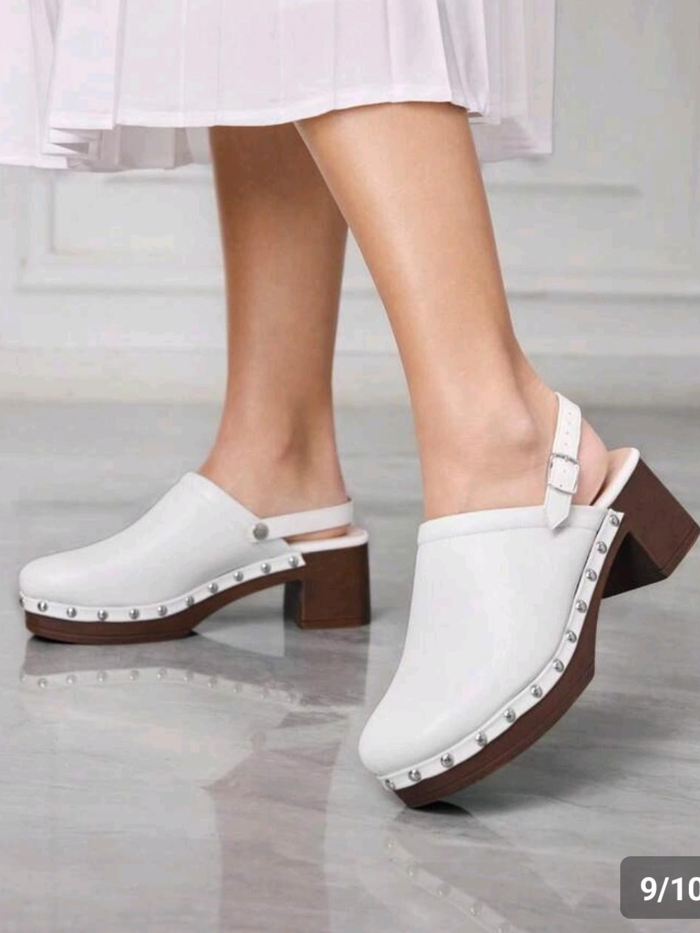 White Studded Slingback Clog Mules with Brown Block Heel - Women's